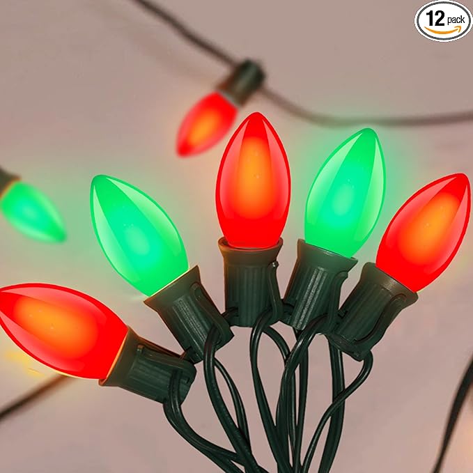 25Ft C9 LED Christmas Lights Outdoor C9 Red and Green Christmas String Lights with 26 LED Shatterproof Bulb Hanging Vintage Christmas Lights for Patio Xmas Tree Roofline Wedding Party Backyard Decor