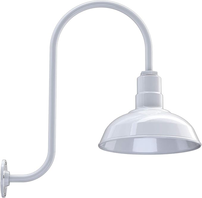 Steel Lighting Co. Westchester Barn Light | Outdoor Wall Mounted | 12 inch Dome | Upslope Gooseneck| Warehouse Steel Light Made in America | White Exterior/White Interior
