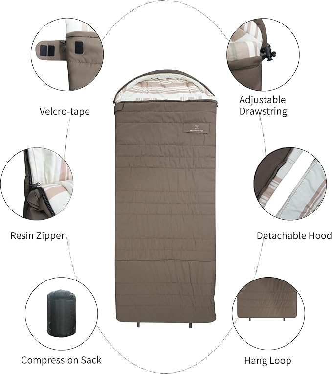 Mountainlodge Peach-Skin Shell and Cotton Lining Sleeping Bag for Adult Cold Weather&ampWarm with Compression Bag&ampCarry Bag and Detachable Hood for CampingTravel and Car Camping