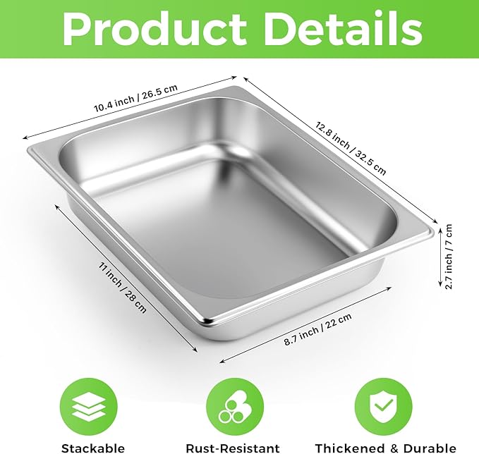 4 Pack Hotel Pans Half Size 2.7 Deep 1/2 Size Stainless Steel Steam Table Pans Metal Food Pan for Buffet Catering Breading Tray Chafing Pan for Restaurant Service Party Supplies