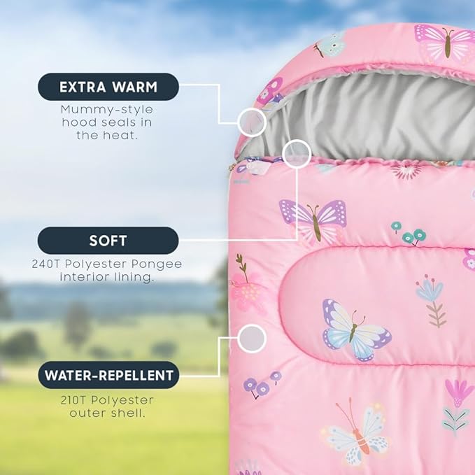 Wake In Cloud - Kids Sleeping Bag for Girls Toddlers Camping in Warm Cold Weather Backpacking Lightweight Compact Outdoor Liner for 3 Seasons Butterfly Garden Flowers