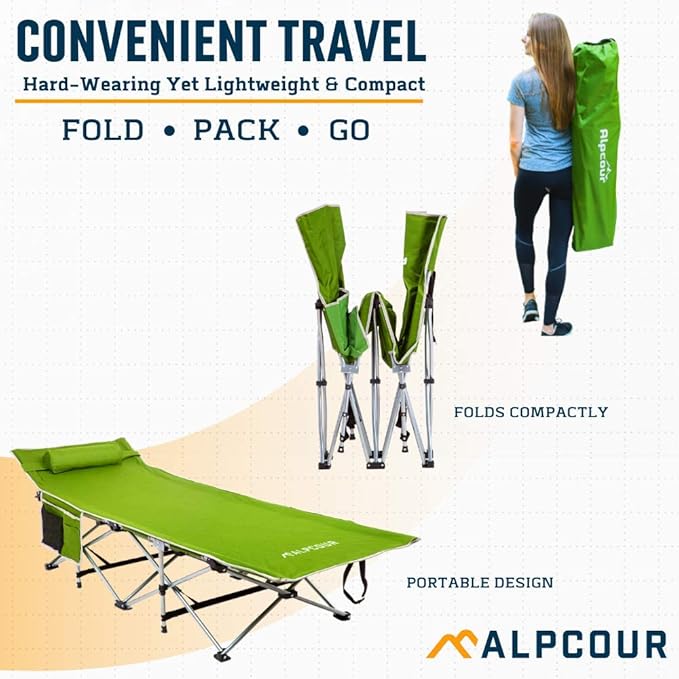 Alpcour Folding Camping Cot – Deluxe Collapsible Single Person Bed in a Bag w/Pillow for Indoor &amp Outdoor Use – Ultra Lightweight Comfortable Heavy Duty Design Holds Adults &amp Kids Up to 300