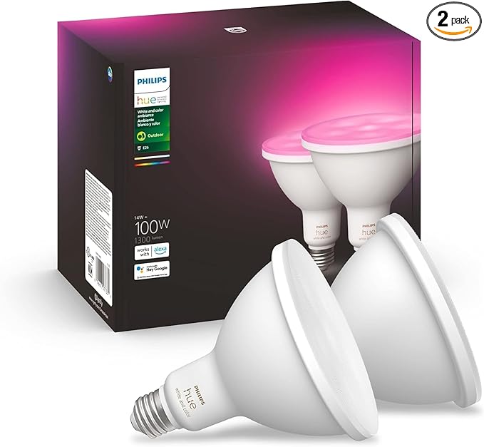 PHILIPS Hue Smart 100W PAR38 LED Bulb 2 Pack White &amp Color Ambiance Color-Changing Light 1300LM E26 Outdoor Light Bulbs Control with Hue App Works with Alexa Google Assistant and Apple Hom