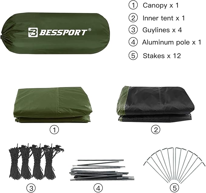 Bessport Camping Tent for 3 Person and Bessport Tent Waterproof Camping Tarp with Drawstring Carrying Bag for Picnic Hiking and Other Outdoor Activities