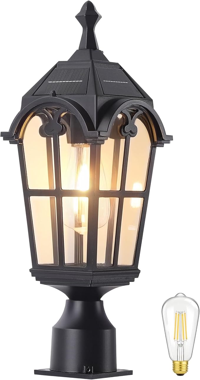 Solar Post Lights Outdoor with Bulb Dusk to Dawn Lamp Posts Outdoor Lighting Waterproof Solar Post Lamp Anti-Rust Exterior Pole Light Outside Pole Lighting for Yard Pathway Driveway Fence