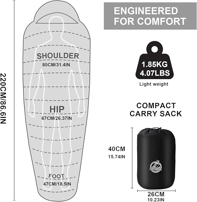 Northroad Mummy Sleeping Bag 14-59 ℉ 3-4 Season Warm &amp Cool Weather Summer Spring Fall Lightweight Washable Sleeping Bag for Outdoor Camping Hiking Travel Hunting