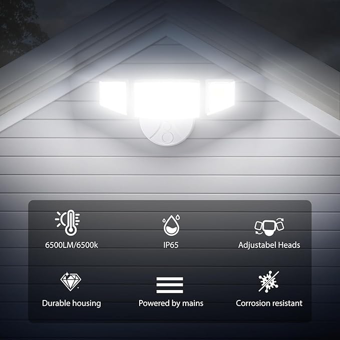 iMaihom 65W 6500LM LED Outdoor Flood Light Switch Controlled Outdoor Security Light 3 Adjustable Heads IP65 Waterproof 6500K Daylight White Hardwired Wall Mount Light for Garage Yard Patio White