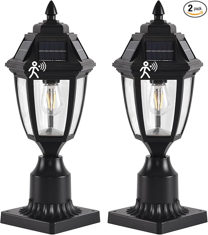 Solar Outdoor Post Lights 2 Pack Dusk to Dawn Outdoor Column Light with Pier Mount Base Black Exterior Solar Powered Pole Light for Outside Porch Yard Pathway Driveway