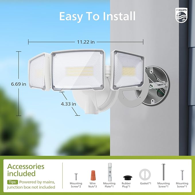 Philips 72W 7400LM LED Flood Lights Outdoor Switch Controlled Aluminum Security Lights 3 Adjustable Heads Wall Mount 5000K Daylight Waterproof for Yard Garage (2 Packs)