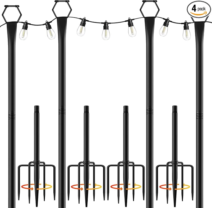 4 Pack String Light Poles for Outside 10Ft Light Poles for Outdoor String Lights Adjustable Outdoor String Light Poles with ForkMetal Fence Post for PatioBackyardDeck