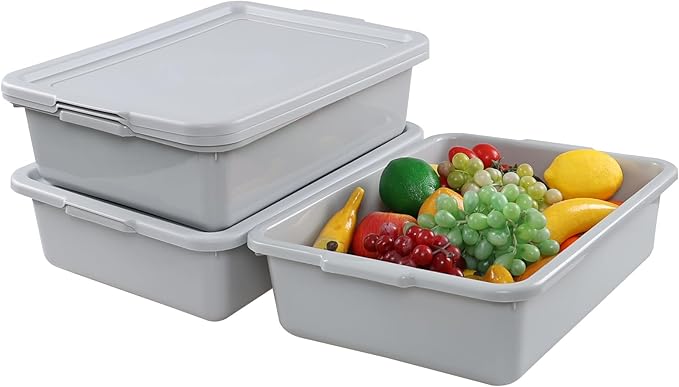 3-Pack 13 L Commercial Bus Tub Box Plastic Restaurant Bus Tubs with Lids Grey