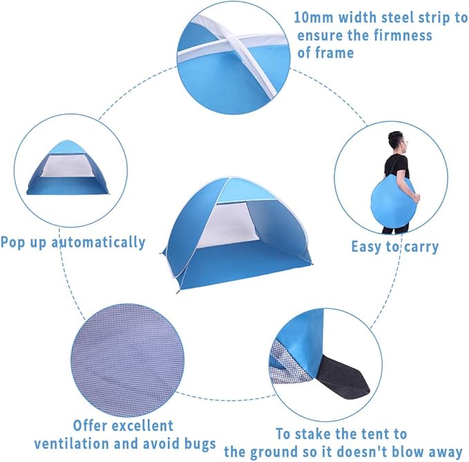VINGLI 2 Person Beach Tent Pop Up/Camping Tent Sun Shelter Tent Big Automatic Sun Umbrella 2-3 Person Fishing Beach Shelter Blue
