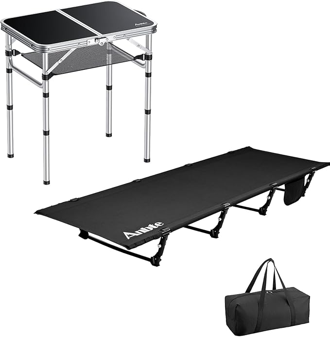 Anbte Ultralight Camping Cot Save Effort Comfortable Camping Bed Supports 350 Lbs with Side Pocket &amp Folding Camping Table Aluminum 24 x 16 Adjustable Height