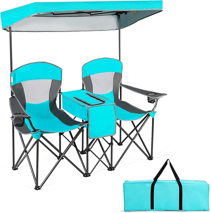 Tangkula Loveseat Camping Chair with Adjustable Shade Canopy Portable Beach Chair with Cooler Bag 2 Cup Holders Carrying Bag Foldable Double Lawn Chair for Travel Fishing Picnic (Navy)
