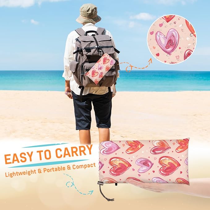 Waterproof Sandproof Beach Blanket 59''×68'' Shape-Heart Polyester Outdoor Picnic Blanket with 4 Stakes &amp Storage Bag for BeachCampingVacation Orange &amp Purple