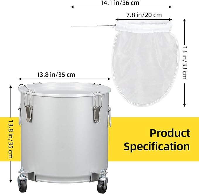 IDEALHOUSE 8 Gallon Commercial Fryer Grease Bucket Carbon Steel Oil Disposal Caddy Secure Lid Lock Clips Caster Base Nylon Filter Bag Included Oil Storage &amp Transport for Kitchen and Restaur