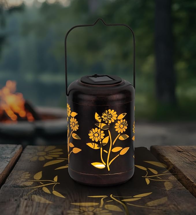 Regal Art &amp Gift Solar Flower Shadow Lantern Outdoor Waterproof Garden Décor Ideal Gift for Women Mom Grandma – Hanging Metal Solar Lights for Yard Patio Backyard Porch Gold