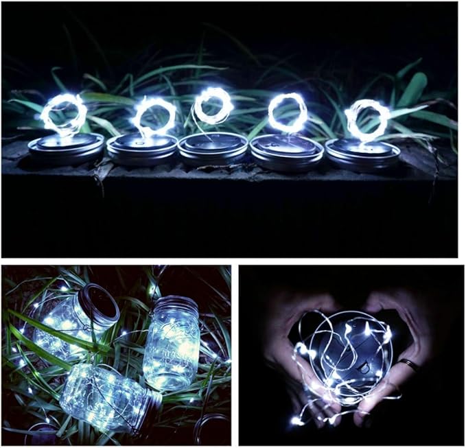 SmilingTown Solar Light for Mason Jars 20 LED Outdoor Fairy String Light Lids with Hangers for Jar Lantern Waterproof Rust Resist for Patio Lawn Garden Decor No Jars 10 Pack (Cool White)