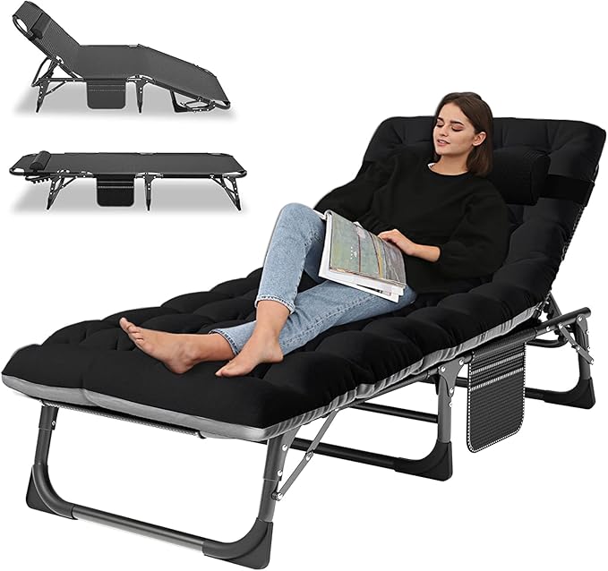 LILYPELLE Portable Folding Cot Bed Adjustable 5-Position Adults Reclining Chaise with Pillow Outdoor Portable Lounge Chair Sleeping Cot for Camping Pool Beach Patio