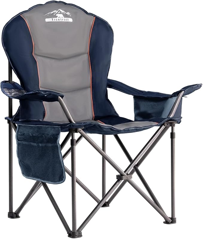 Oversized Camping Chair Folding Chair with Cooler Padded Outdoor Chairs Heavy Duty Support 500 LBS Steel Frame Collapsible Arm Chair with Cup Holder Blue &amp Gray