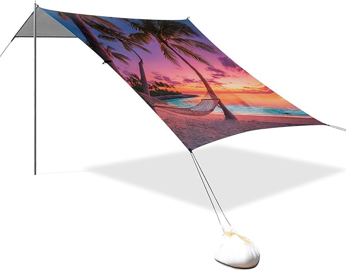 Bolaz Beach Canopy Tent Sun Shade9'×10.5' Large Family Beach Shade UPF50+- Outdoor Shade for Camping Trips FishingVibrant Sunset Beach Hammock