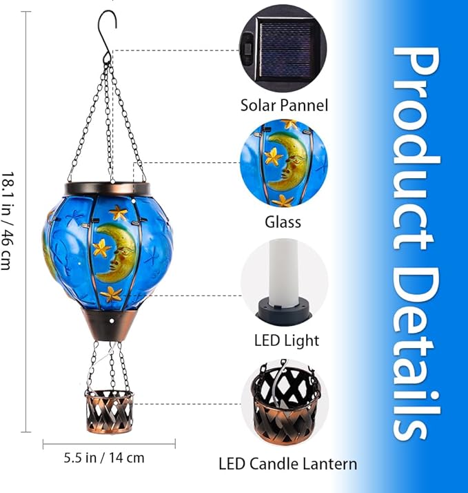 Moon Pattern Hot Air Balloon Solar Lantern with Flickering Flame  Hanging Outdoor Lantern Light Glass Waterproof Decor for Patio Porch Garden