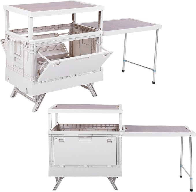 Folding Camping Storage Box with Table Board Multi Functional Collapsible Camp Kitchen Box Suitable for Outdoor Picnic Storage (White)