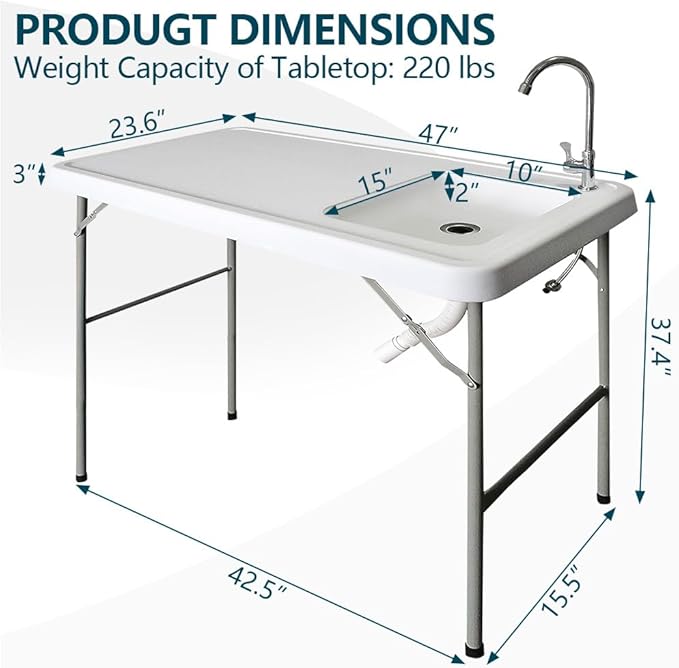 4FT Fish Cleaning Table with Sink 47'' Folding Portable Camping Outdoor Fillet Station with Detachable Faucet Drainage Hose for Picnic Camping Kitchen Gardening White