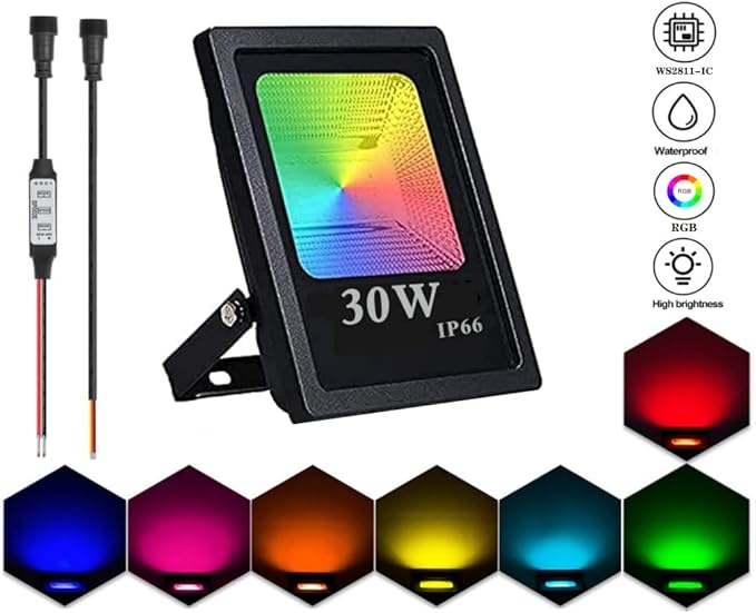 RGB Flood Lights30W high Power WS2811 Full Color Smart Flood Light RGB addressable LED Pixel floodlight DC12-24VIP66Waterproof (1PCS-WS2811-30W Black)