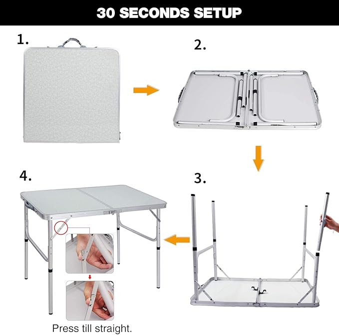 REDCAMP Aluminum Camping Table 3 Foot Portable Folding Table Adjustable Height Lightweight for Picnic Beach Outdoor Indoor White 36 x 24 inch