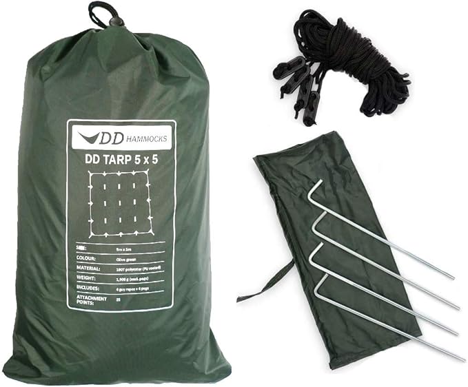 DD Hammocks - DD Tarp 5x5 - Olive Green (16ft x 16ft) - 100% Waterproof Lightweight &amp Multifunctional Rainfly Extra Large Tarp Tent Group Shelter for Camping Day Trips Adventure &amp Scouts
