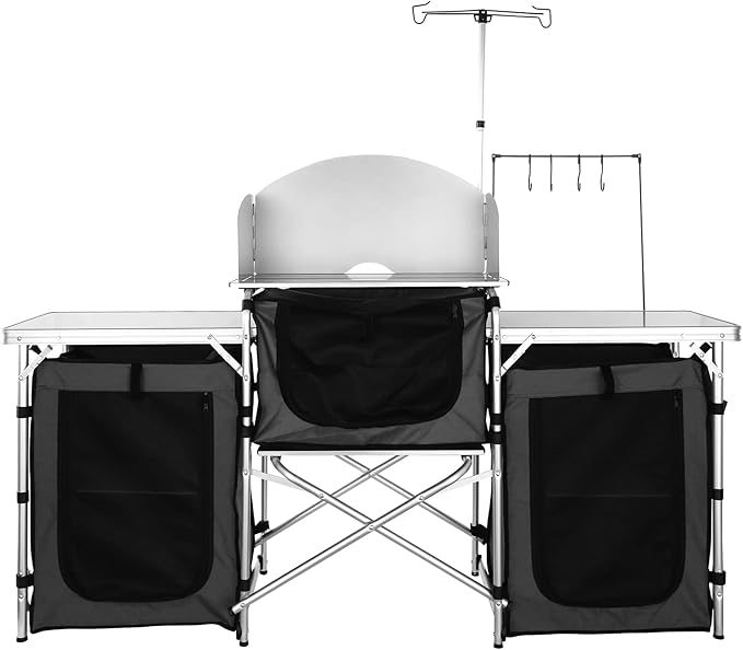 VEVOR Camping Kitchen Table Folding Outdoor Cooking Table with Storage Carrying Bag Aluminum Cook Station 3 Cupboard &amp Detachable Windscreen Quick Set-up for Picnics BBQ RV Traveling Black
