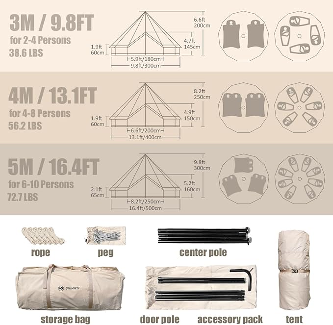 Canvas Bell Tent Yurt Tent 4 Seasons for Camping 100% Cotton Glamping Tents with Stove Jack Family Camping Outdoor Hunting Party