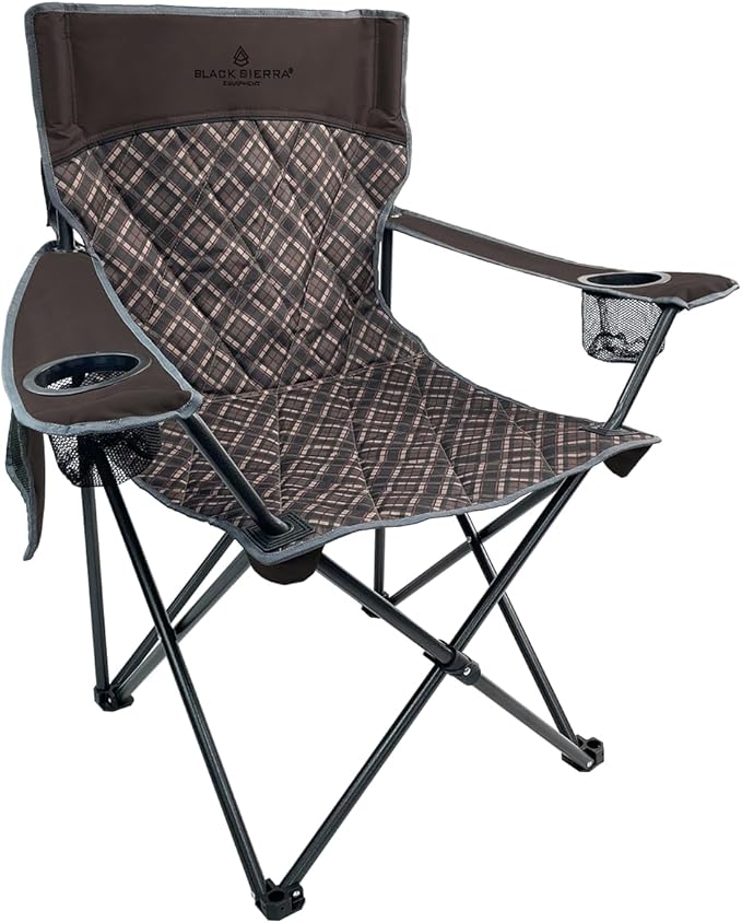 Black Sierra Oversized Camping Folding Chair Heavy Duty Outdoor Seat Supports 300 lbs with Steel Frame Collapsible Quilted Padded Plaid Camp Bag Chair for Tailgating Sports Games Patio