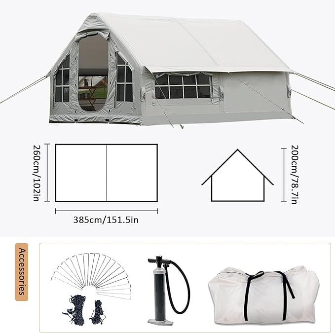 Inflatable Tent with Pump 6-10 Person Instant Glamping Camping Tents House Easy Setup Blow Up Family Tents for 4 Seasons Waterproof Inflatable Tent for Camping