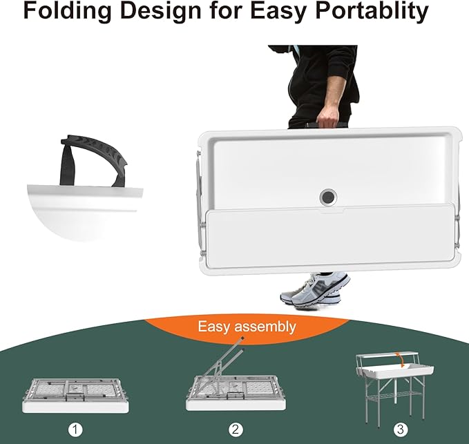 Ice Cooler Table with Drain Two-Tier Plastic Folding Tables with Removable Matching Skirt and Shelf Indoor Outdoor Use for Party Camping Picnic Fishing Cleaning 440 lbs Capacity