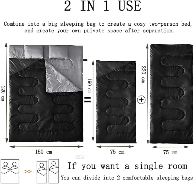 Tuphen Double Sleeping Bag Sleeping Bag with 2 Pillows Queen Size XL Bag for 2 People Cold Warm Weather- 3 Seasons Waterproof Adults for Camping Backpacking or Hiking