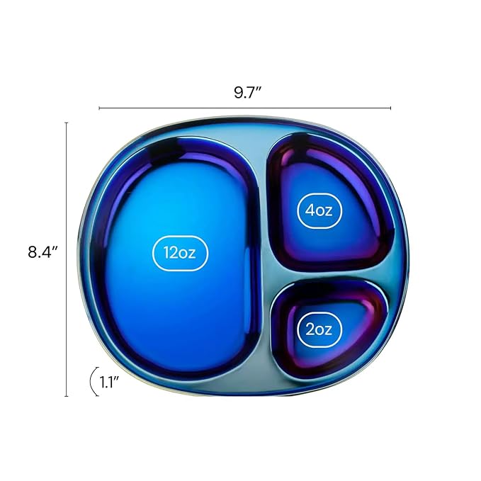 Ahimsa Stainless Steel Plates For Kids Pediatrician Designed Divided Plates for Toddlers &amp Baby Non Toxic Unbreakable &amp Dishwasher Safe Iridescent Blue Set of 4