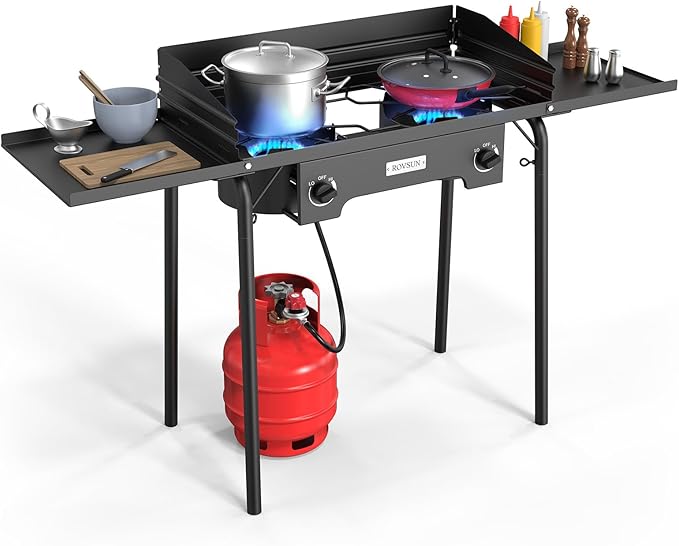 ROVSUN 2 Burner Gas Stove with Side Shelves 150000 BTU Portable Propane Stove with Removable Legs Wind Panels &amp Regulator for Camping Home Backyard Cooking Brewing Canning Turkey Frying