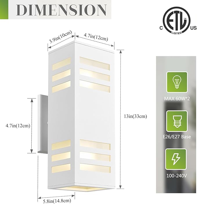 harriet Porch Lights Outdoor Modern - IP64 Waterproof Aluminum and Tempered Glass Cover 13 Rectangular Up/Down Wall Sconce for Porch Garage &amp Patio Exterior Lighting White 2 Pack