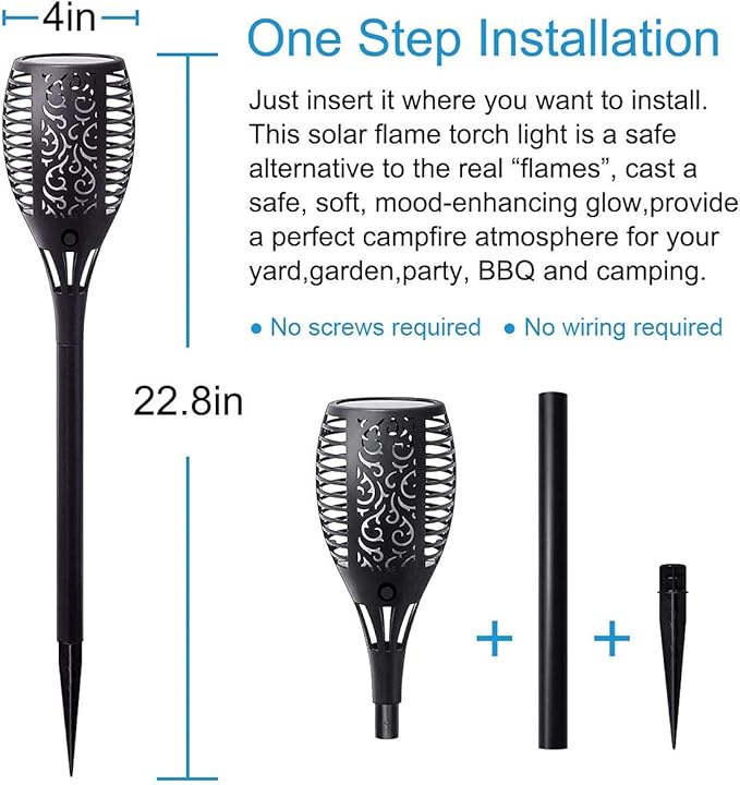 Large Size Solar Torch Light with Flickering Flame Fire Effect Garden Lights Outdoor IP65 Waterproof Tiki Torches for Pathway Yard Decor Auto On/Off - Landscape Lighting (8 Pack)