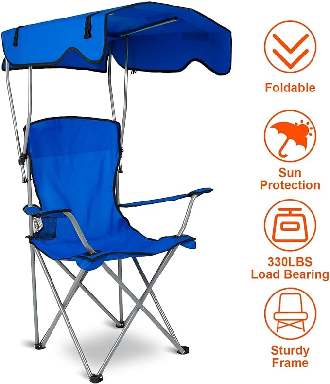 KOCASO Canopy Folding Beach Chair with Sun Shade Heavy Duty 330lbs Portable Camping Lawn Chair with Cup Holder for Pool Travel Picnic