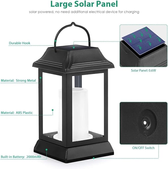 TomCare Solar Lights Metal Flickering Flame Solar Lantern Outdoor Hanging Lanterns Decorative Lighting Heavy Duty Solar Powered Waterproof Umbrella Lighting for Garden Yard Patio Deck 4 Pack（Black）