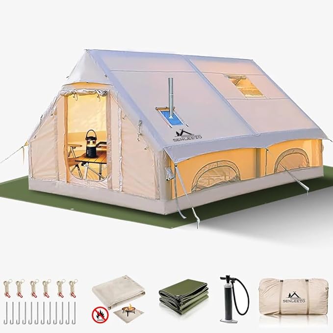 Inflatable Camping Tents 8-10 Person129 Square Feets Large Inflatable Camping Tent with Stove JackBlow up Tent with Mesh Windows &amp Pump