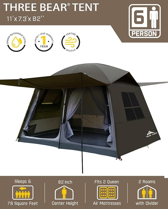 Three Bears 6-Person Tent 3000mm Waterproof Double-Layer Tent with Room Dividers Family Tent with Color-Coded Connection Buckles Front and Rear Vestibules Can Be Set Up as Sunshade Canopies