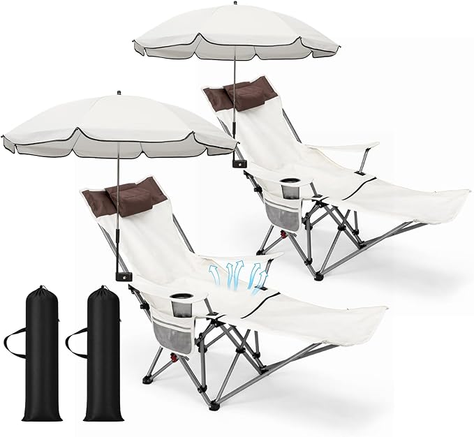 Karenhi 2 Set Beach Camping Chair with Umbrella for Adult Folding Reclining Camping Chair with Foot Rest Adjustable Clamp Canopy Shade for Outdoor Patio Travel Beach (Beige)