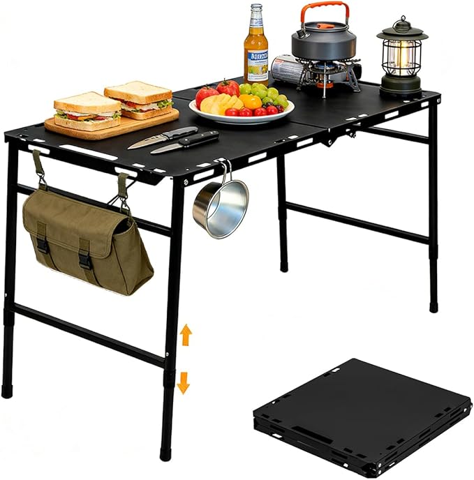SoloWilder Foldable Camping Table with Gas Struts 3'5 Outdoor Portable Table 19 - 24 Height Adjustable Carbon Steel Lightweight Camping Table 12lb