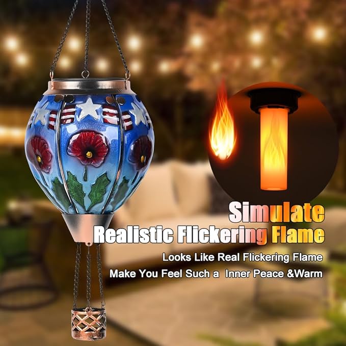 Hot Air Balloon Solar Lantern - Poppy Flower Patriotic Glass Lantern Simulated Flickering Dancing Flame Outdoor Hanging Yard Light Waterproof IP65 Ideal 4th of July Gift for Patriot Patio Decor