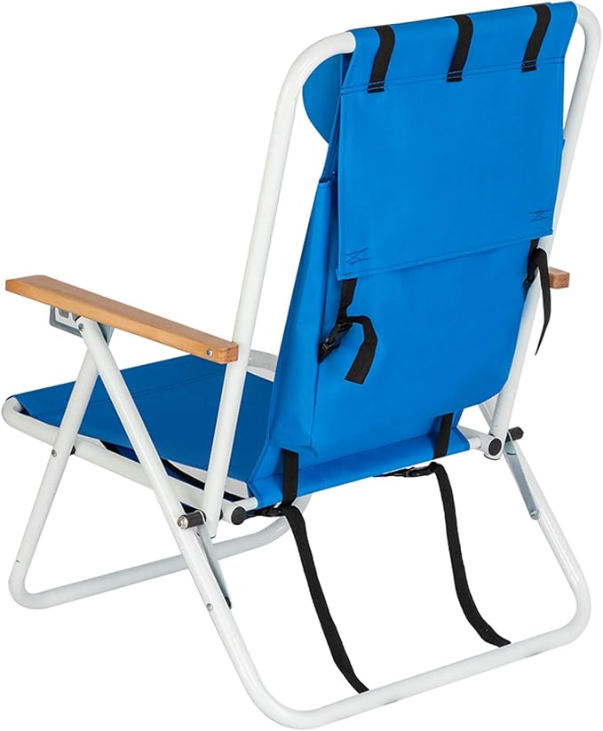 Folding Backpack Beach Chair 4 Position Portable Camping Chair with Headrest Cup Holder and Wooden Armrests (Blue 1 Pack)