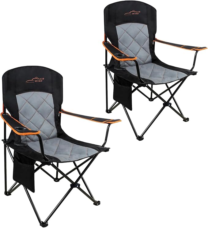 FAIR WIND 2 Pack Oversized Fully Padded Camping Chair Heavy Duty Quad Fold Arm Chair Support 350 LBS with Cup Holder Collapsible Lumbar Back Chair Portable for Outdoor Black